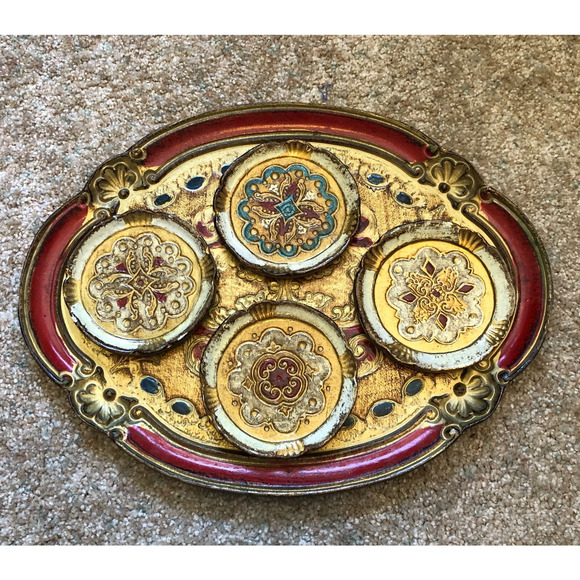 Vintage FLORENTINE Hand Painted Wood MCM Gilt Tray & Coasters - Made in Italy